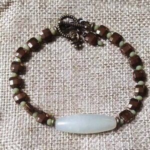 One-of-a-kind! Pale Green Jade + Bronze Tile Toggle Clasp Bracelet - Handmade!